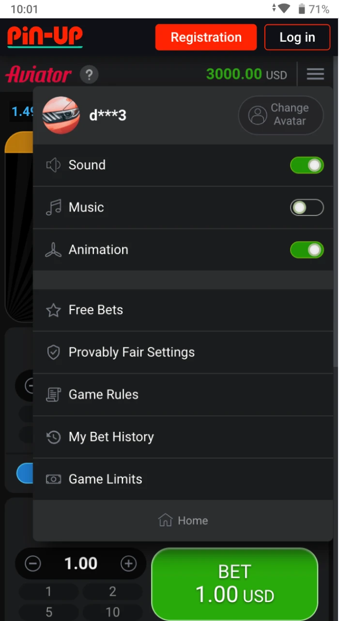 What does it look like game settings interface Aviator casino Pin Up.