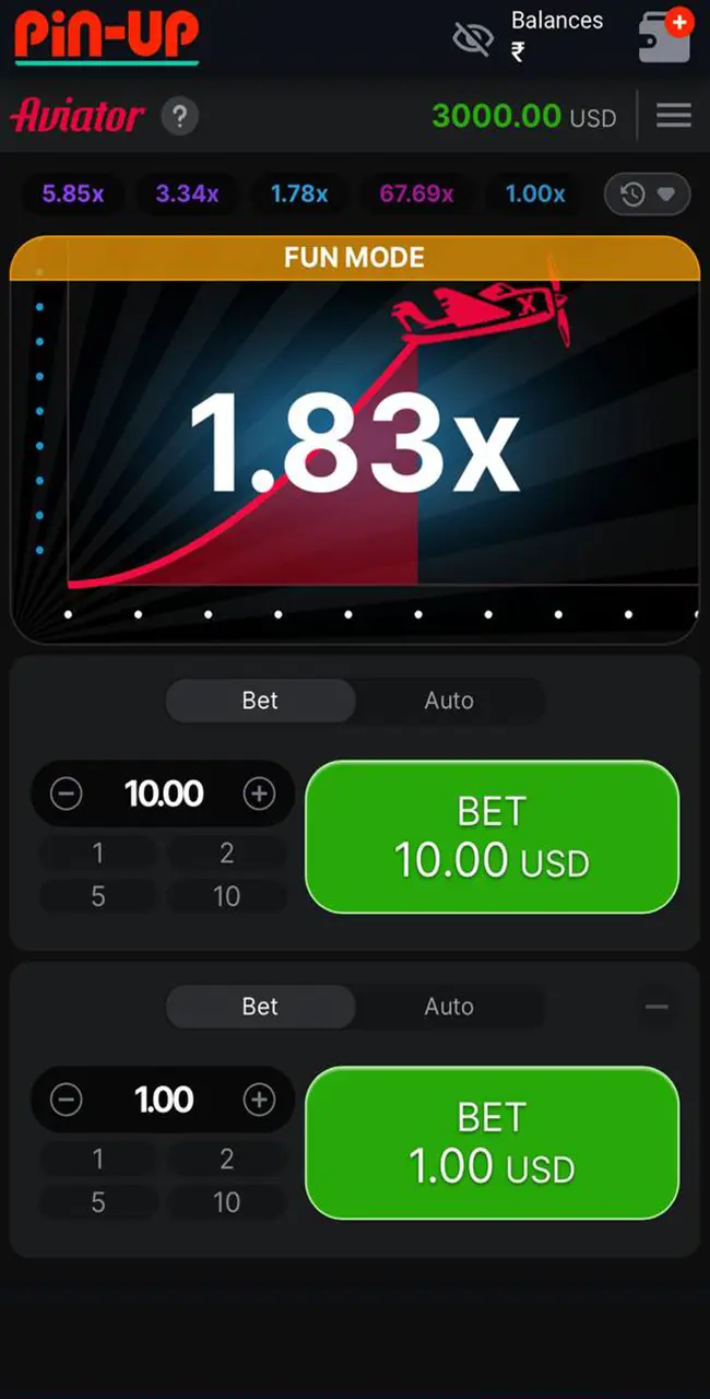 Click "Bet" to place your first bet in Aviator from Pin Up Casino.