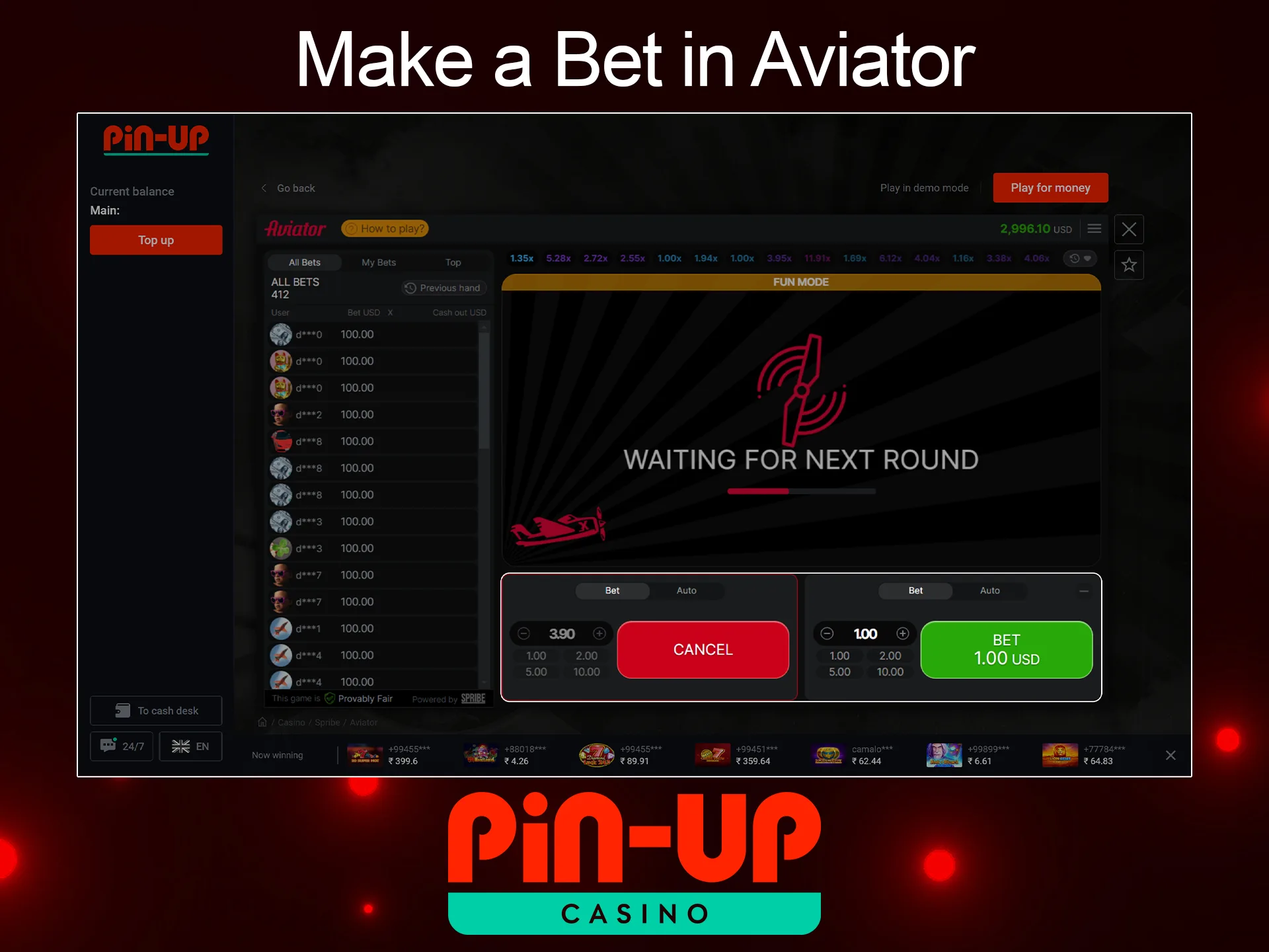 Click "Bet" to place your first bet in Aviator from Pin Up Casino.