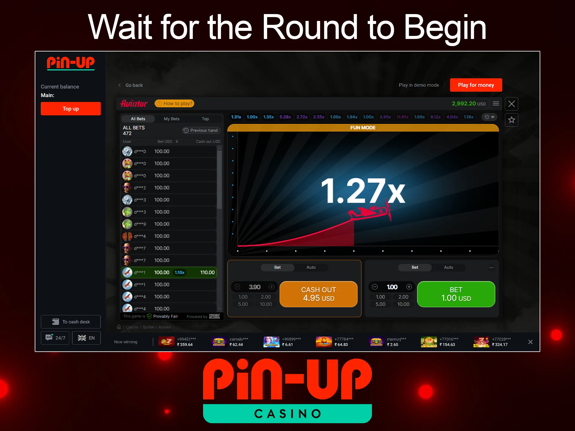 After accepting your bet, wait for a new round to start in Pin Up's Aviator game.