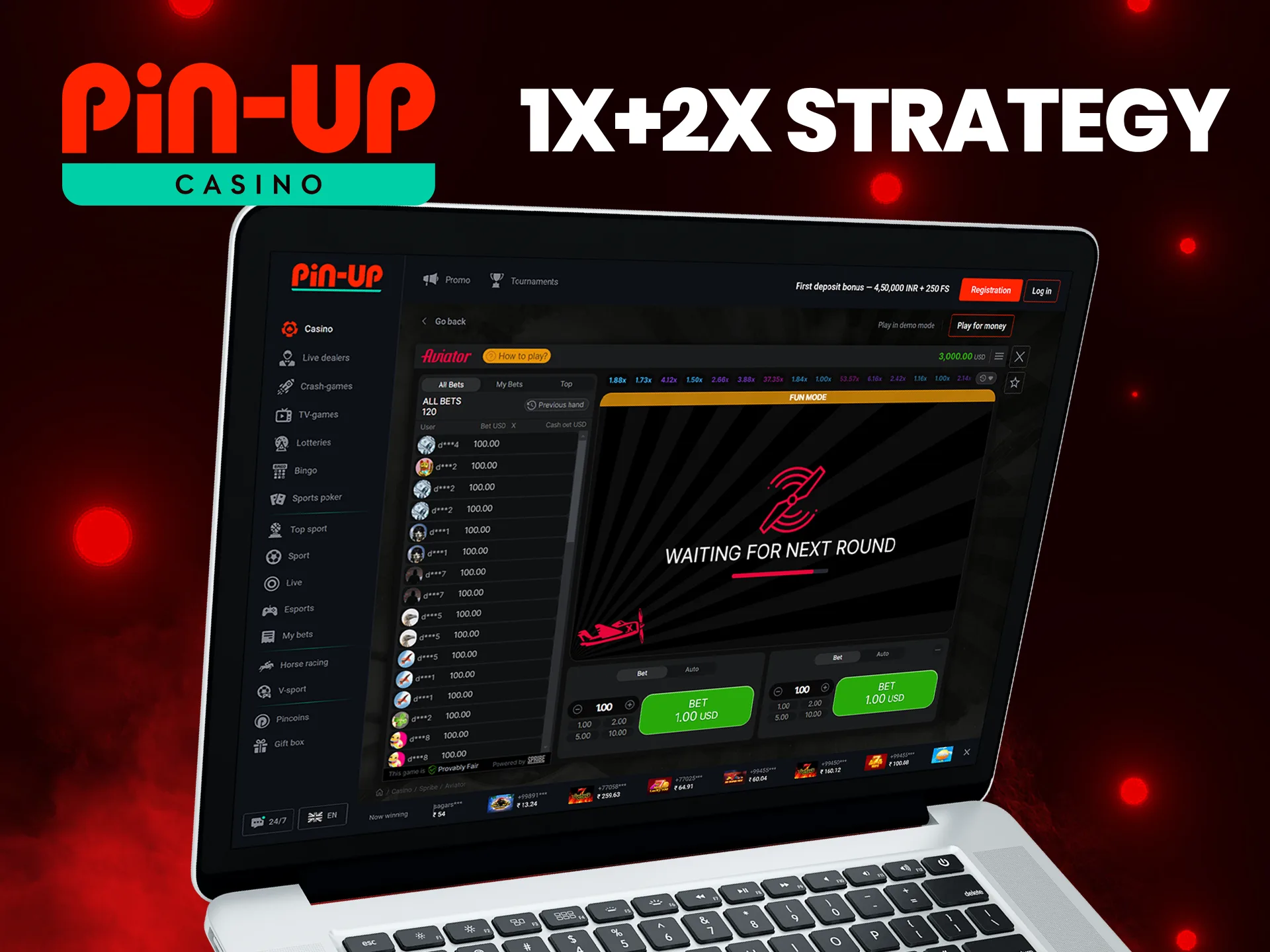 What is 1x+2x Strategy for the Aviator game at Pin Up casino.