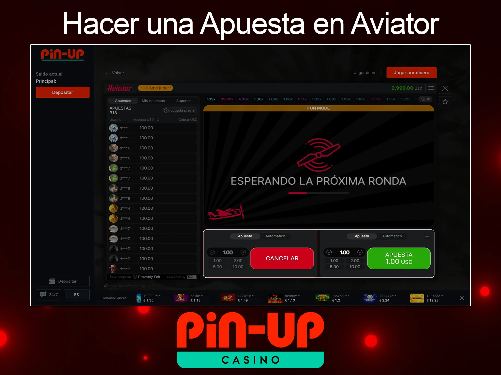 Haz clic en «Apostar» para realizar tu primera apuesta en Aviator de Pin Up Casino.