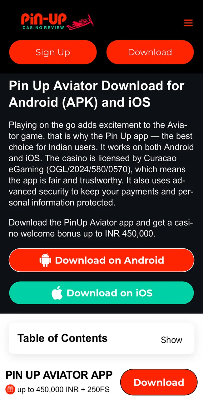 Select the Android icon to download the Pin Up app.