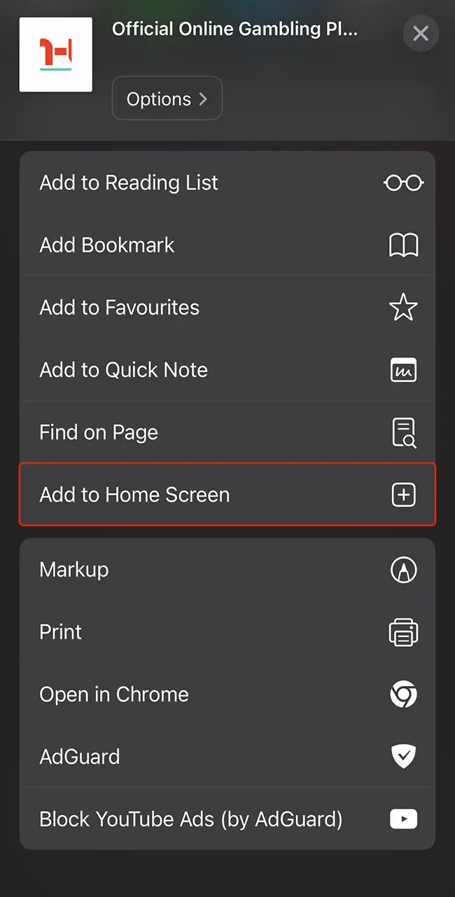 Click on a tab in the browser menu to add the Pin Up app to your mobile device's desktop screen.